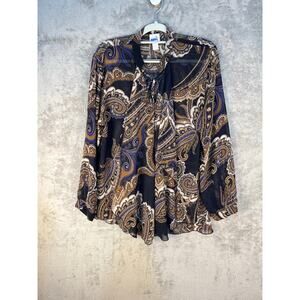 Chico's Blouse Size Large Blue Brown Paisley Ruffle Scarf Academia